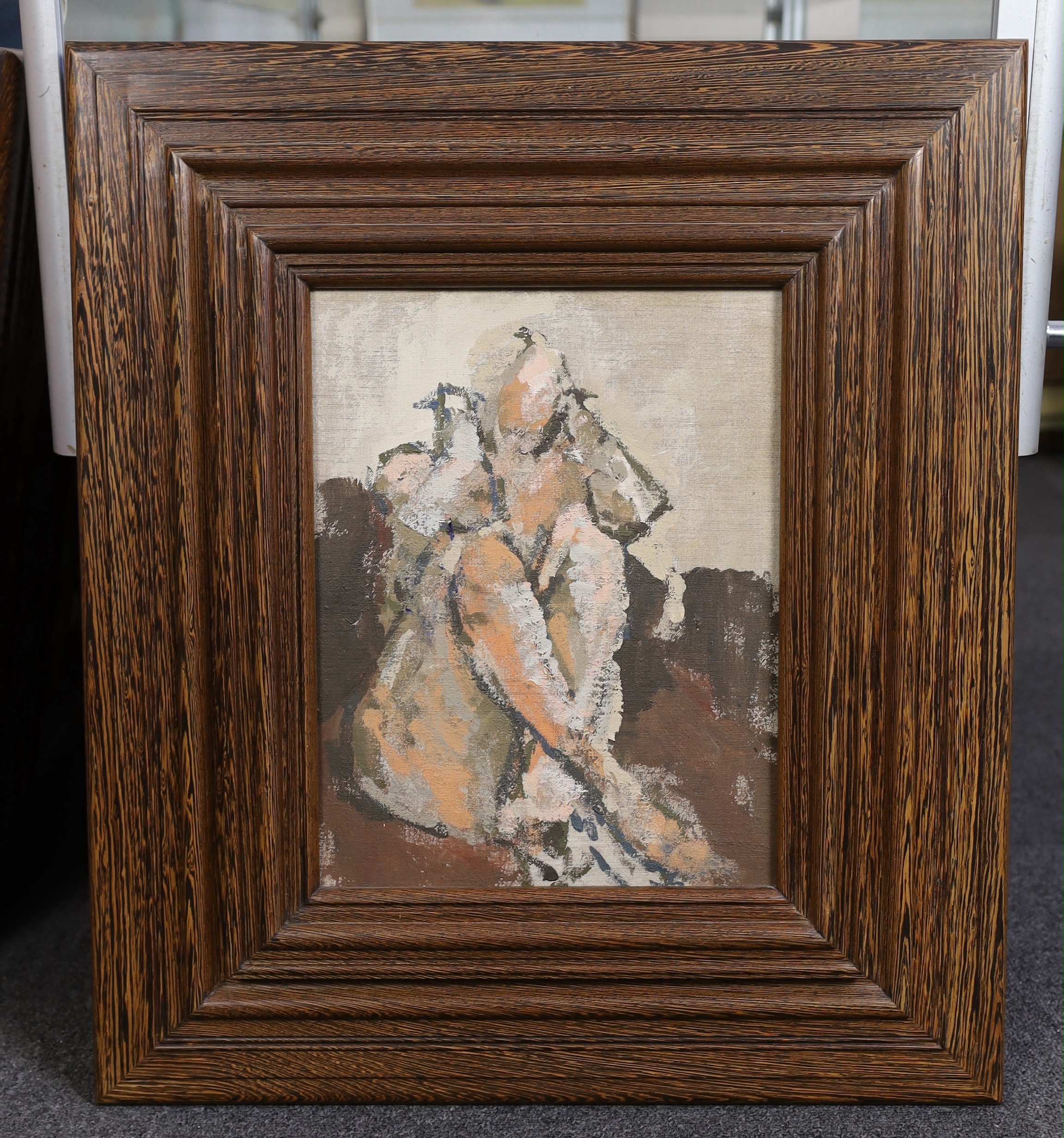 Henry Mee (English, b.1955), Seated female nude, oil on canvas, 36 x 28.5cm, in the original frame supplied by the artist with artist's plaque verso